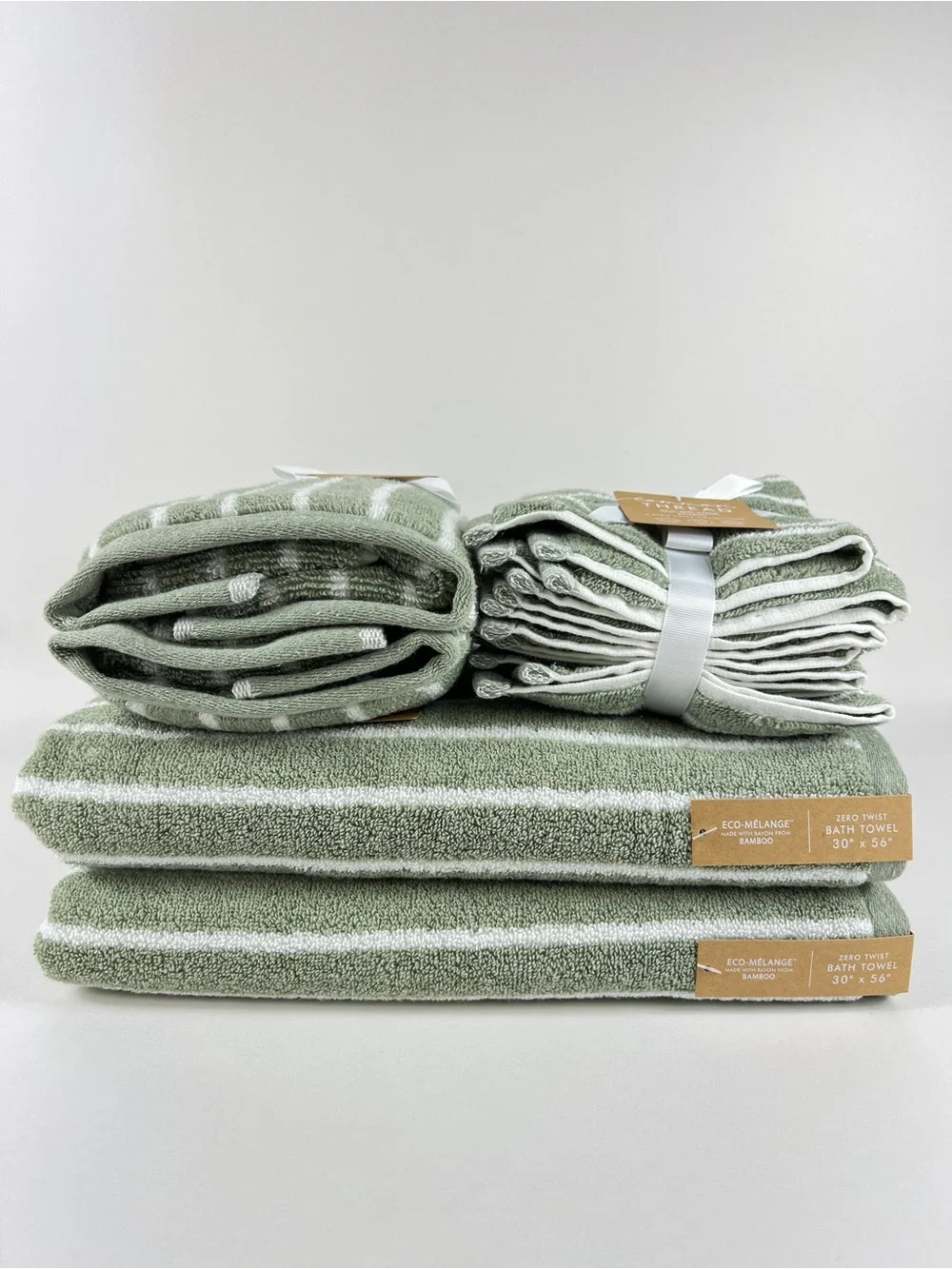 Common Thread Bamboo Bath Towel Set Green White Stripe Soft Cotton 8 Pc Set NEW
